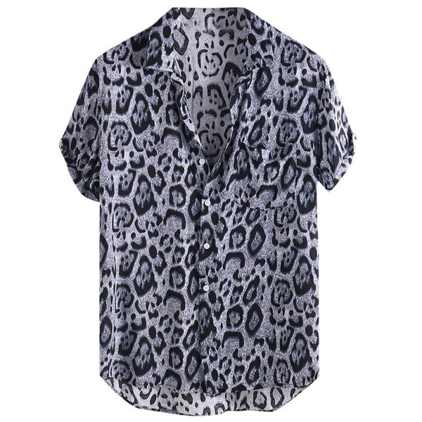 

mens leopard printed shirt chest pocket turn down collar short sleeve casual loose shirt button hip hop male g40, White;black