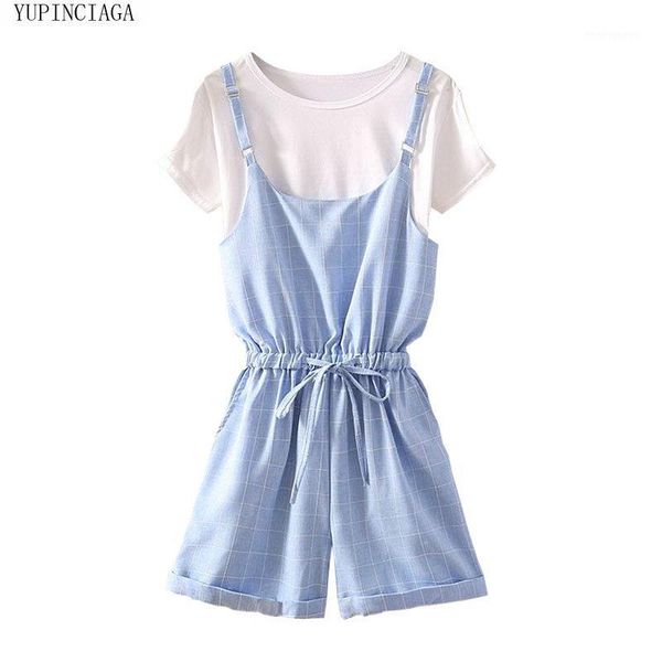 

two piece dress women sets japanese simple solid color thin short-sleeved t-shirts + waist slimming plaid strappy skirt pants 2 set1, White