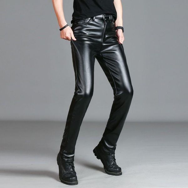 

men`s faux leather pants stretchy black slim fit motorcycle business casual velvet lined pu leather trousers for male