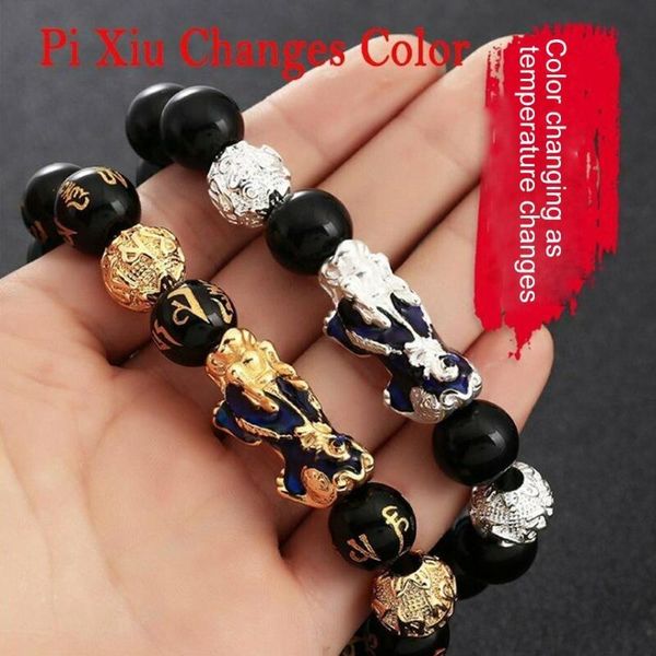 

charm bracelets feng shui black obsidian pixiu wealth good luck health bracelet color change wristband sand gold brave jewelry, Golden;silver
