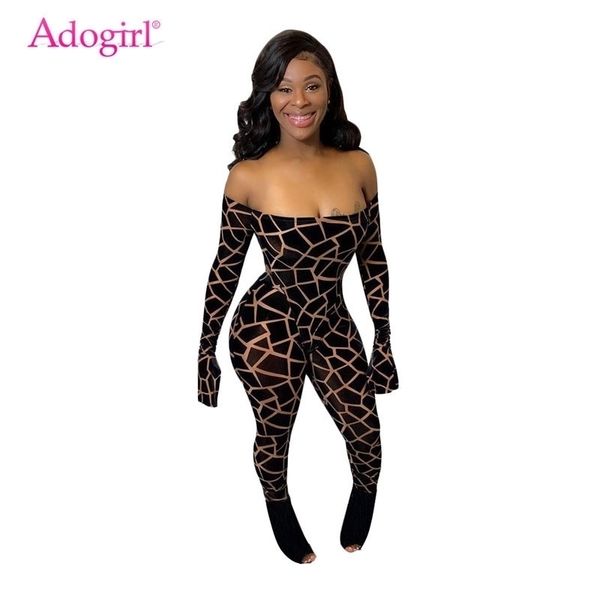 

adogirl asymmetrical plaid print sheer mesh jumpsuit women slash neck off shoulder flare long sleeve romper club overalls y200425, Black;white