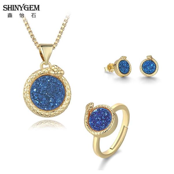 

shinygem snake shape multicolor crystal druzy stone jewelry set ring pendant stud earrings necklace for women fine jewelry set, Silver