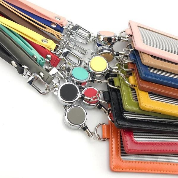 

card holders vertical pu work cover for weomen girls staff employees chest id tag office badge holder bus with lanyard314f, Brown;gray