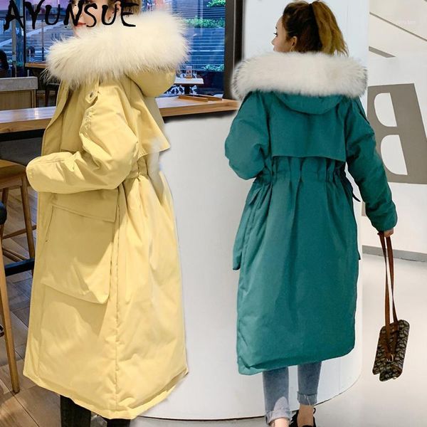 

ayunsue 2019 women's winter down jacket long duck down coat raccoon fur collar oversized parka korean chamarras de mujer kj37241, Black