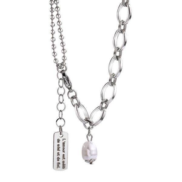 

european and american retro fashion long sweater chain pearl tassel temperament titanium steel necklace pearl pendant women, Silver