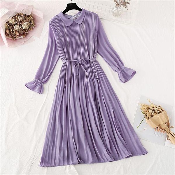

spring ladies chiffon loose printed pleated dress women casual solid color vintage long sleeve dress elegant ruffle long, Black;gray