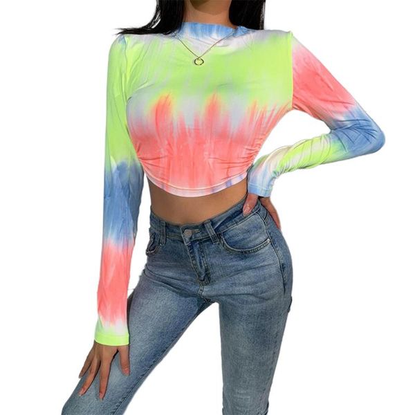 

women long sleeved shirt 2021 summer backless o-neck blouse tie-dye lace up shirts female streetwear, White