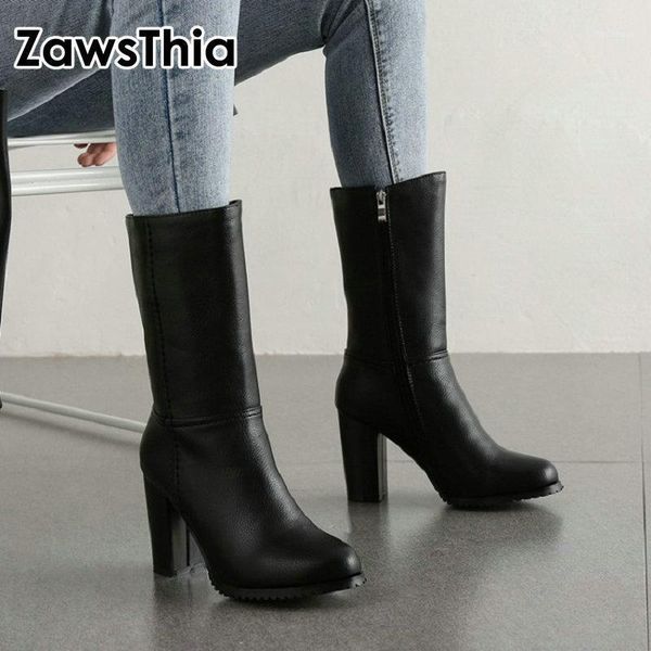 

boots zawsthia winter warm good quality motorcycle block high heel for women round toe white black female mid-calf1
