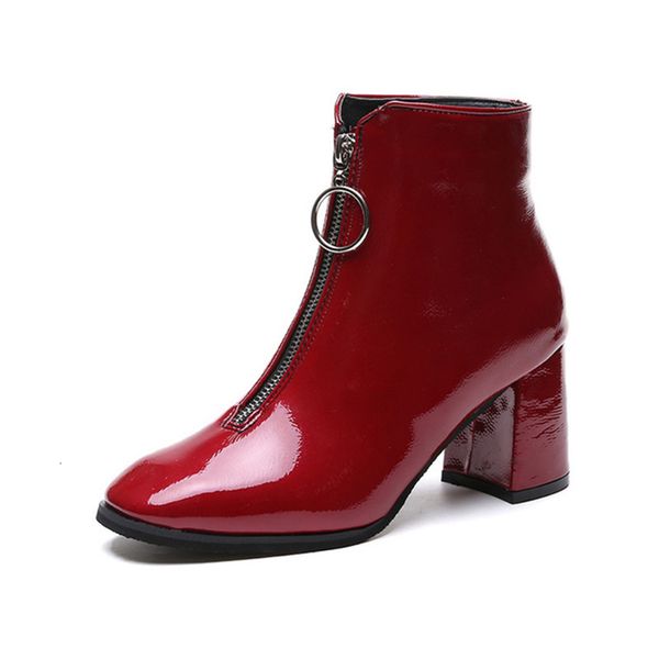 

2021 women ankle fashion ladies pumps high heels patent leather shoes square toe thin plush autumn winter new boots onnk, Black