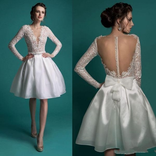 Abiti da sposa sexy corti A Line Manica lunga Backless Bow Perline Sash Profondo scollo a V Lunghezza al ginocchio Organza Abiti da sposa in pizzo Taglie forti