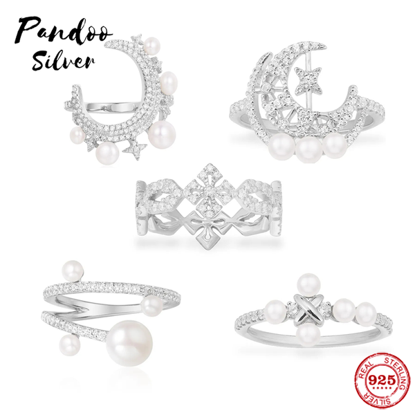 

cluster rings s925 sterling silver jewelry copy,cross ring with pearls,moon & star pearls,silver pearl, Golden;silver