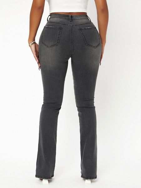 

sxy high waist slit hem ripped bootcut jeans d2v7#, Blue