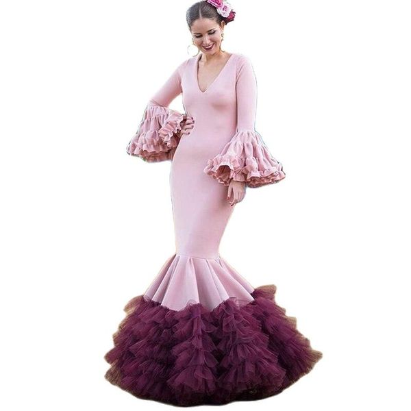 

mermaid full puff sleeves evening dresses jersey tiered tulle prom gowns deep v neck long formal women dress, Black;red
