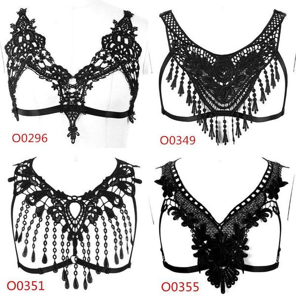 

womens lace sheer caged bra harness goth tassel halter black bondage strappy lingerie pentagram harness1, Black;white
