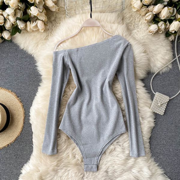 

2021 new skinny female singiny elastic slash neck off the shoulder long spring overalls fashion streetwear bodysuit eres, Gray