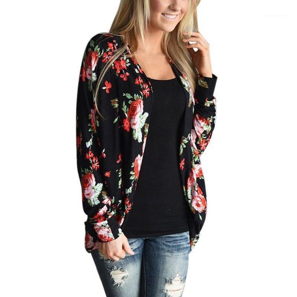 

wholesale- autumn women wrap cardigans loose floral print basic coats casual outwear boho irregular long sleeve casacos plus size s41, Black;brown