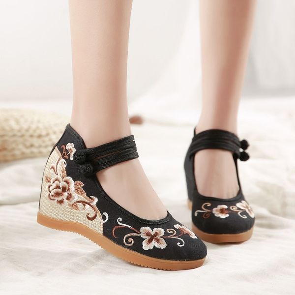 

new women canvas increasing height ankle buckle strap spring autumn shoes china style embroiders wedges heels shoes 0318 lj200928, Black