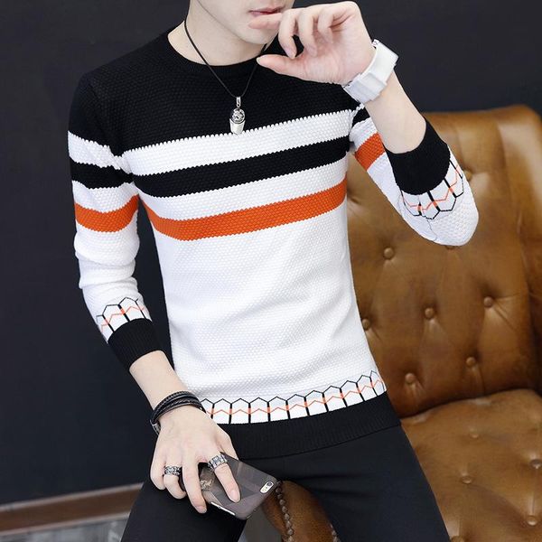 

men's sweaters autumn winter casual sweater o-neck striped slim fit knittwear mens pullovers pullover men pull homme -3xl, White;black
