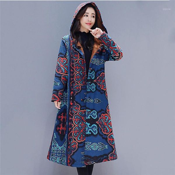 

2020 new autumn winter retro buckle national wind print long windbreaker jacket women cotton linen velvet thick hooded coat 7951, Black