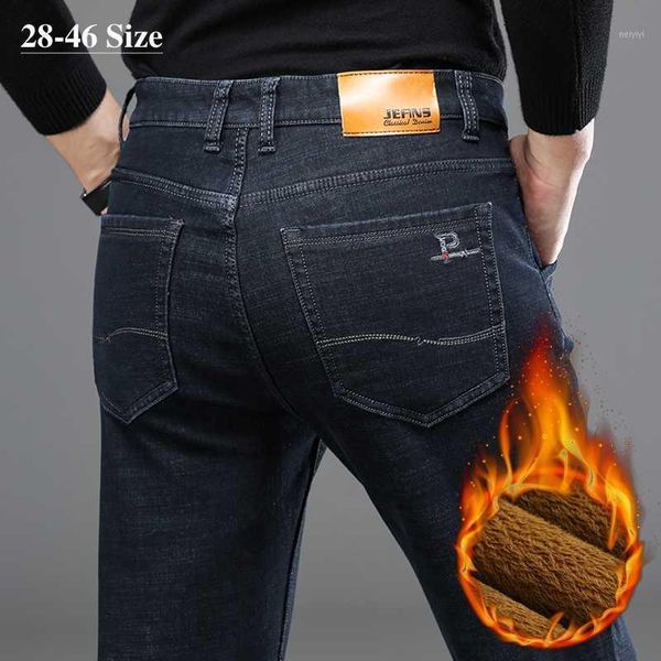 

men's jeans plus size 42 44 46 men's winter warm fleece trousers thicken fashion casual business straight pants male brand1, Blue
