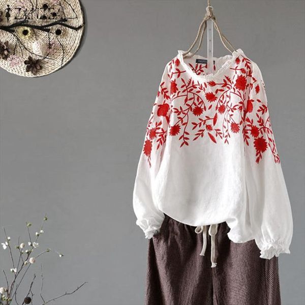 

2020 весна цветочная вышивка рубашка zanzea повседневная рубашка блуза женщины винтаж длинные рукавы работа blusas женская туника топы, White