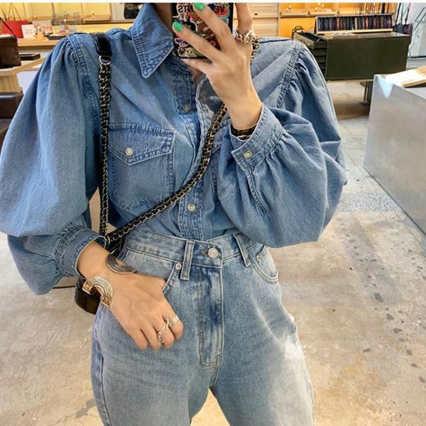 

ewq] 2020 autumn new puff sleeve korean style loose single-breasted solid color casual all-amtch denim shirt blue blouse1, White