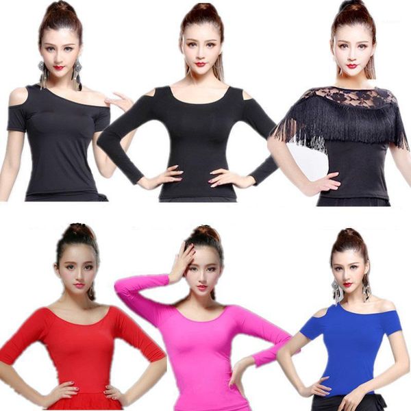 

latin women latin dance basic girl dancewear ballroom samba tango flamengo dancing practice t-shirt costume1, Black;red