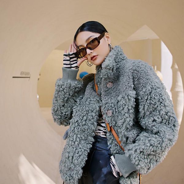 

women's fur & faux 2021 winter casual girl coat style fashion long sleeve pure color woman jacket patchwork short lamb warm female park, Black