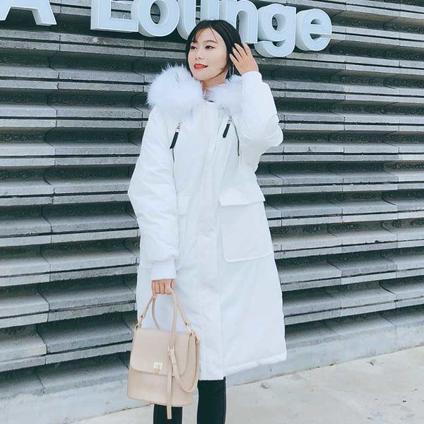

2021 newx-long hooded woman coat oversized thick women's winter jackets with fur collar white duck down overcoat ay2v, Black