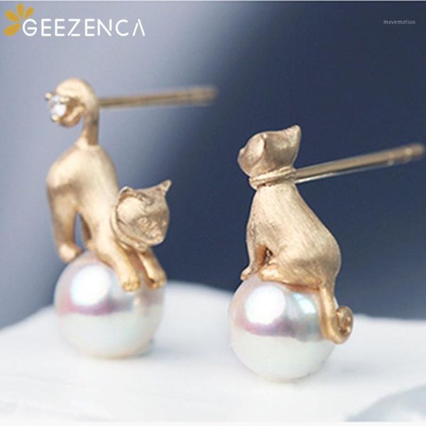 

925 sterling silver cat pearl gold-plated stud earring fine jewelry for women cute kitten earrings trendy unique gift party1, Golden;silver