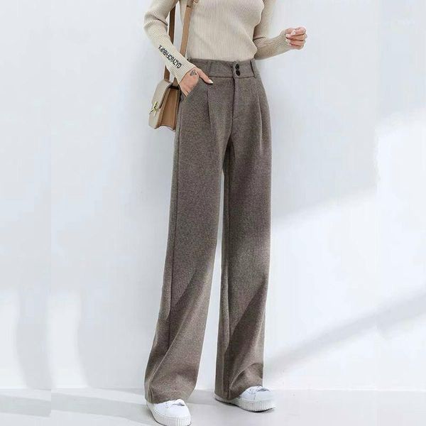 

2021 women autumn winter slim woolen straight pants lady slim high waist oversize wide leg trouser female casual solid pants h371, Black;white