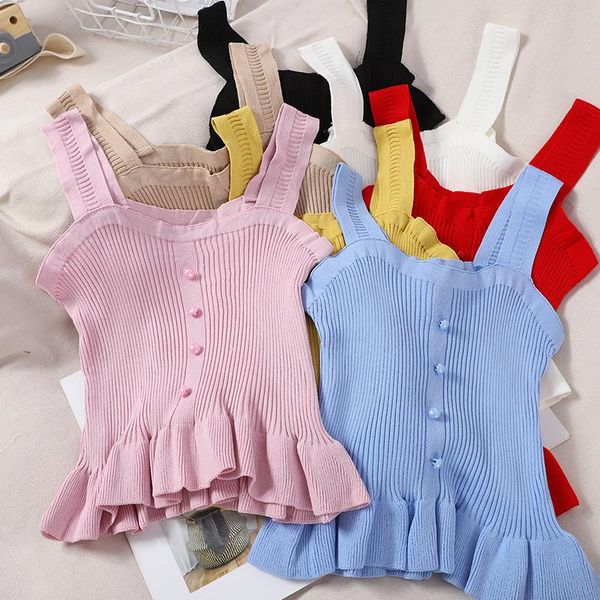 

women's tanks & camis casual knitted women tank fashion slim sleeveless button ruffle lady clothing, White