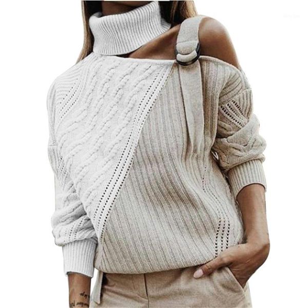

women patchwork turtleneck sweater off shoulder buckle knitted pullover autumn winter long sleeve jumper pull knitwear1, White;black