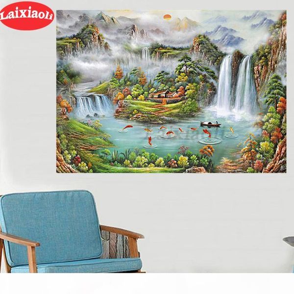 

diy 5d diamond mazayka waterfall mountain diamond painting dimond painting fish koi lake full square round drill embroidery new
