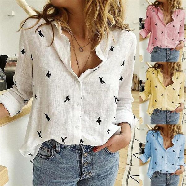 

women's blouses & shirts women's birds print 35% cotton long sleeve female 2021 spring summer loose casual office ladies shirt pl, White