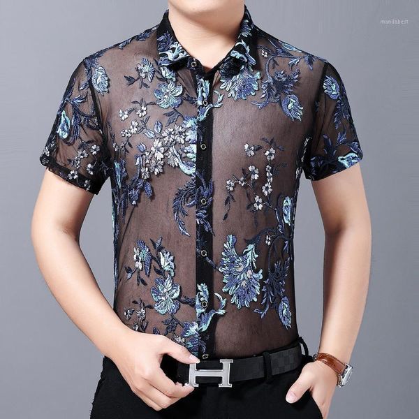 

new 2020 summer short sleeve transparent shirt men camisa social masculina flower print velvet shirt club chemise homme1, White;black