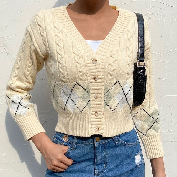 

y2k argyle low-button cardigan with short-knit ribs cut-off female sweatshirt autumn 90s 2020 korean jumper rqfx, White;black