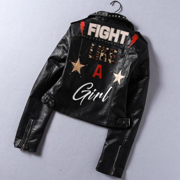 

women's leather & faux spring 2021 autum printed letters pu jacket women rivet beading locomotive short basic streetwear, Black