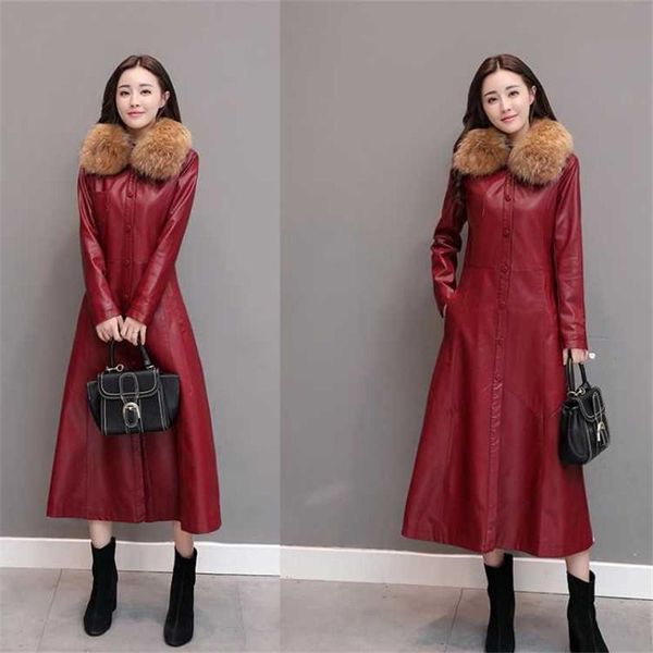 

women's leather & faux autumn and winter plus cotton long large size was thin really scorpion fur collar jacket windbreaker, Black