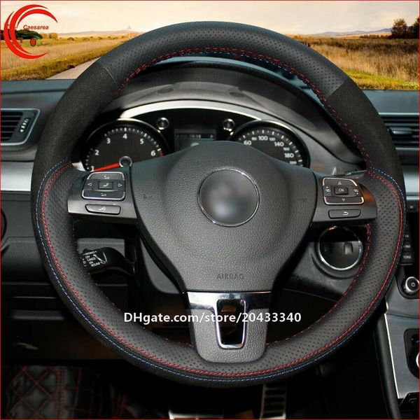 

black leather black suede car steering wheel cover for vw passat cc golf touran