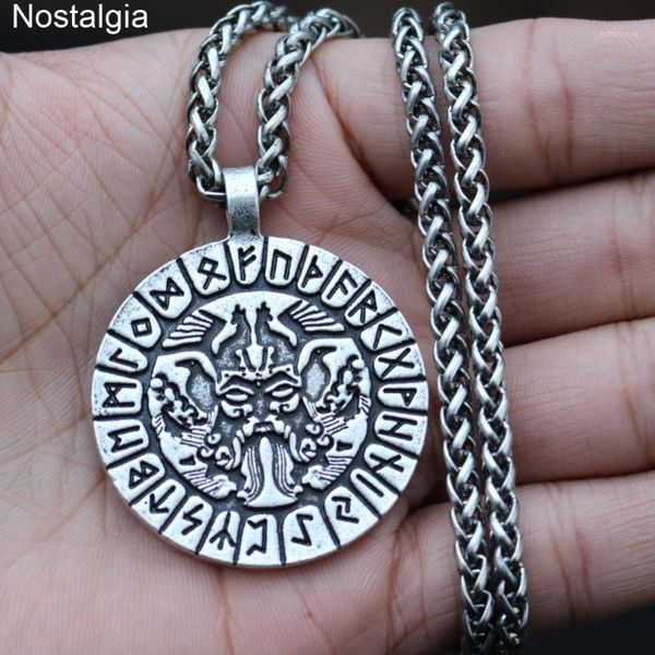 

odin amulet raven and wolf talisman jewlery viking runes pendant men necklace with valknut symbol engraved on back1, Silver