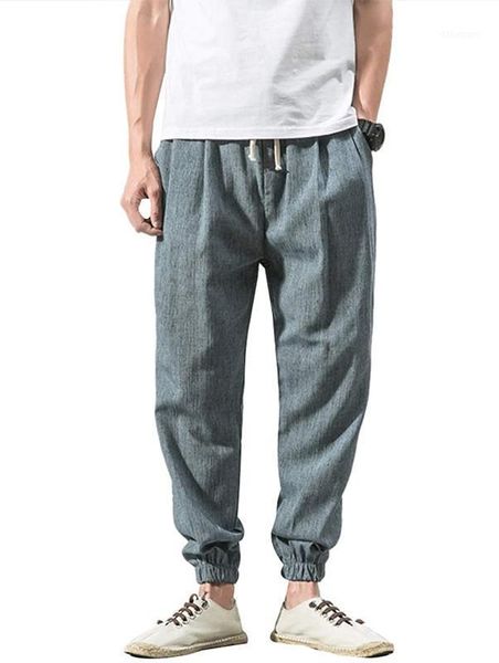 

arrival men pure color trousers cotton linen breathable casual elastic cuff feet jogger pant sweatpants with pocket1, Black