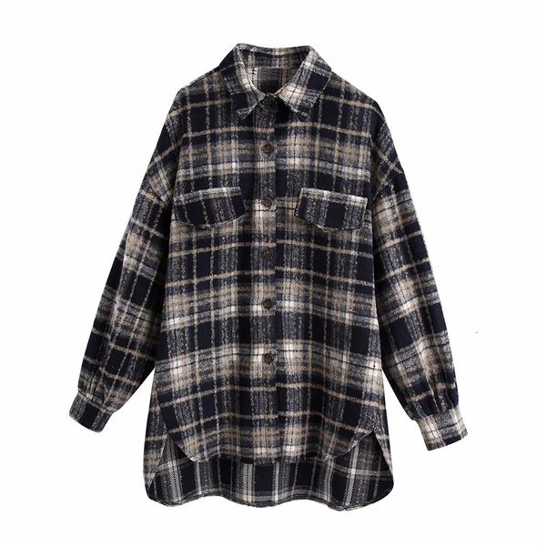 

2021 new vintage tweed plaid women autumn patch pocket coat collared sleeve button up shirt style long jacket coa imqr, Black;brown