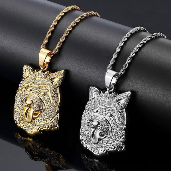 

pendant necklaces mens full iced rhinestone animal dog head pendants hip hop twist chain necklace gold color jewelry for male, Silver