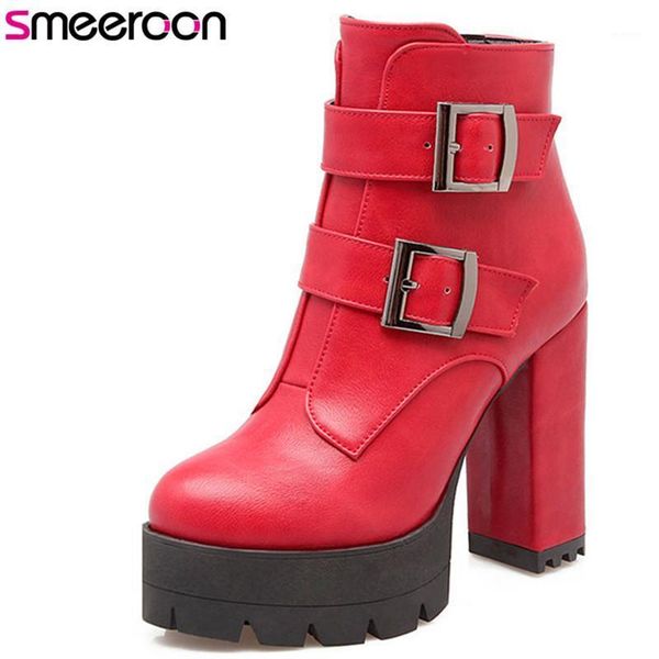 

smeeroon autumn winter boots for women pu leather boots zip+buckle super high heels round toe ankle1, Black