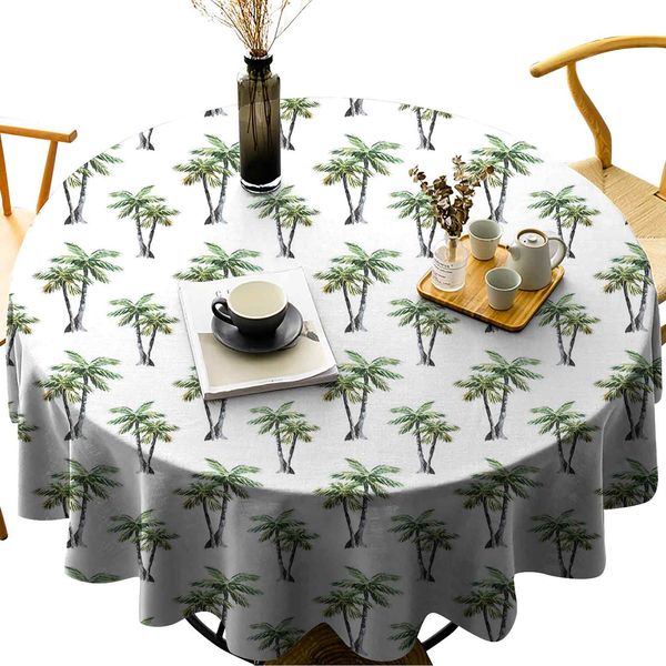 

round tablecloth cotton linen dust-proof table cover botanical watercolor artwork of hawaiian aloha forest palm trees in pairs