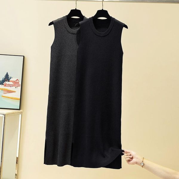

2021 autumn korean bodycon split dresses club women sleeveless slim dress party knitted sweater dress female black vestido, Black;gray