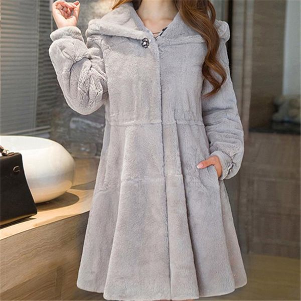 

autumn winter faux fur coat women plus size hooded imitation rex jacket korean mid-length slim plush ladies clothing a515, Black