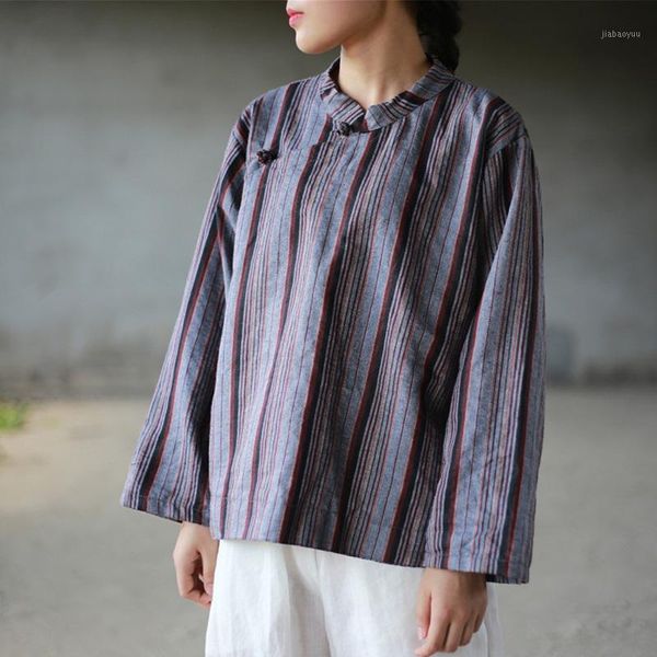 

johnature 2020 new women striped shirts autumn stand long sleeve blouses cotton linen shirts women fall vintage1, White