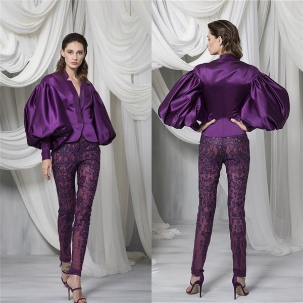 

fashion purple pant suit women prom gowns satin long sleeves jacket lace appliqued illusion beading pants customise special occasion dress, Black